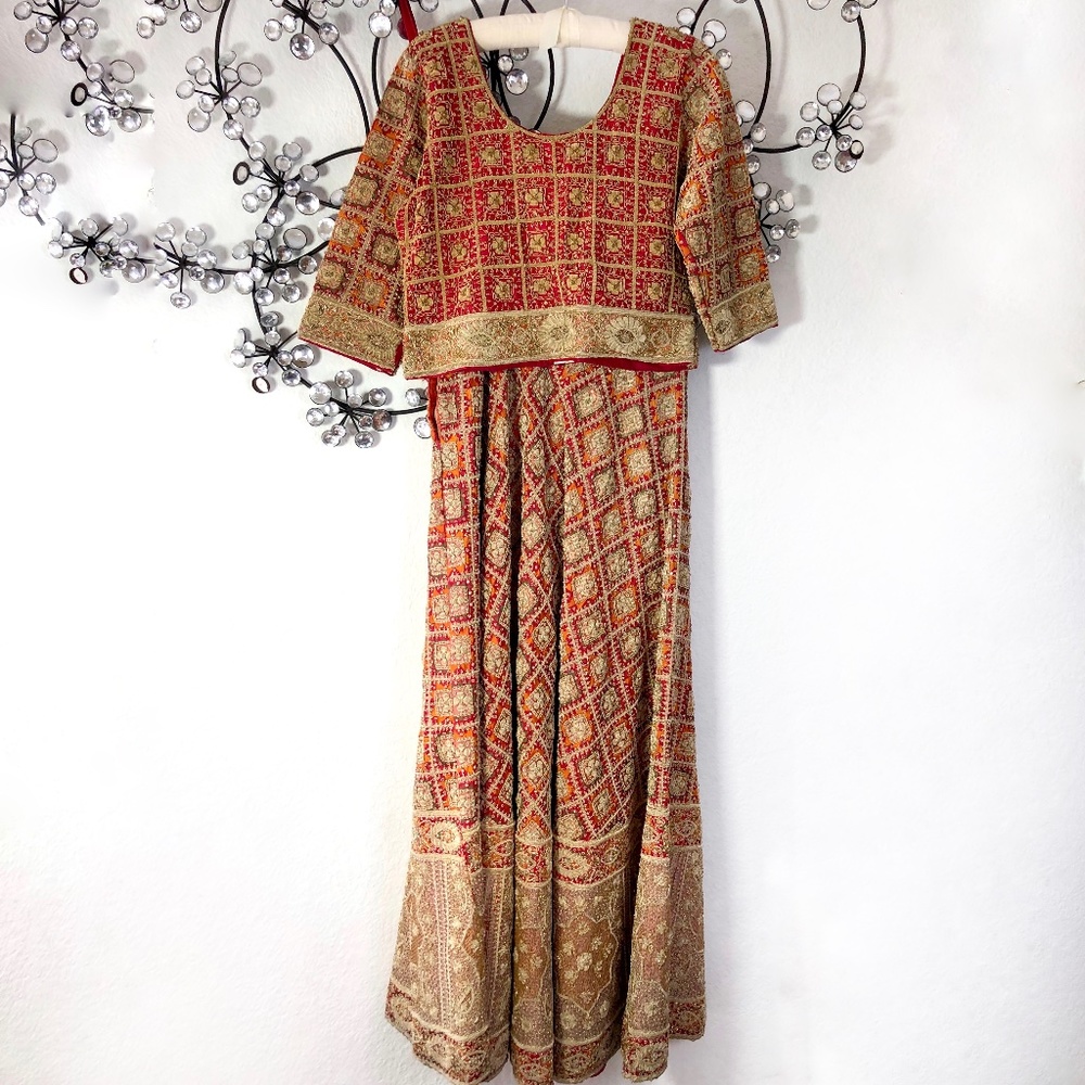 Stunning Handmade Couture Gold, Red & Orange Wedding Lehenga Indian Dress